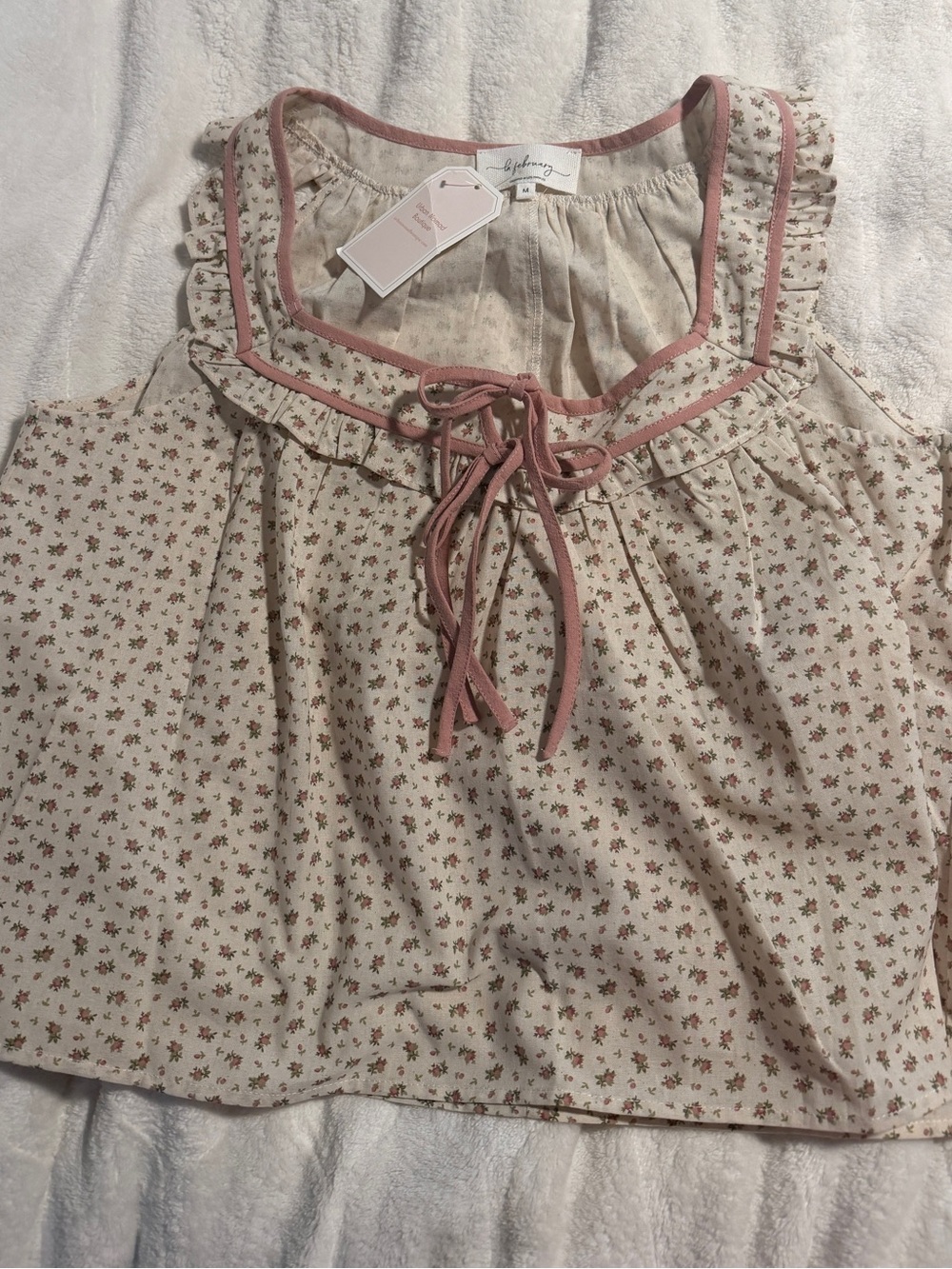Cream Floral Tank Top with Pink Trim by Sanctuary